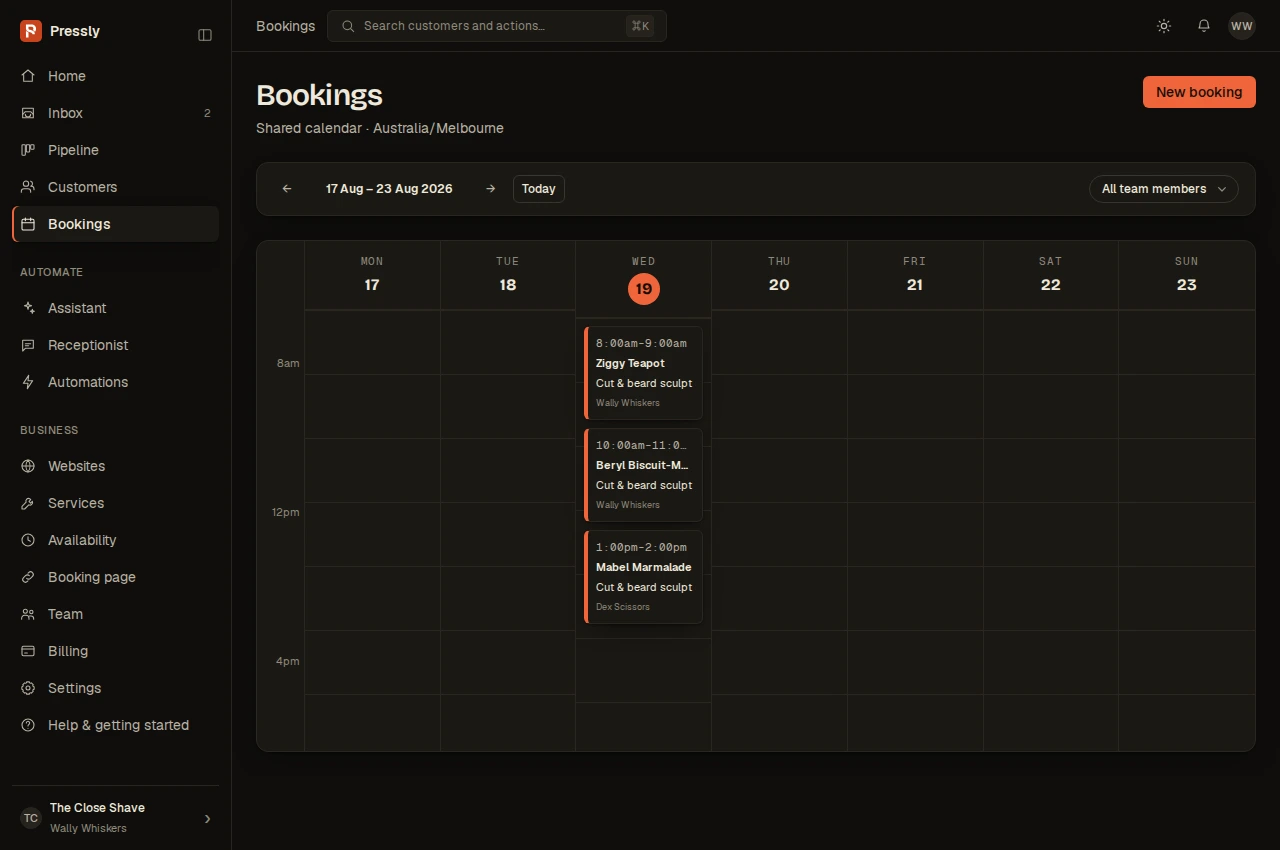 The real Pressly booking calendar with sample customer jobs